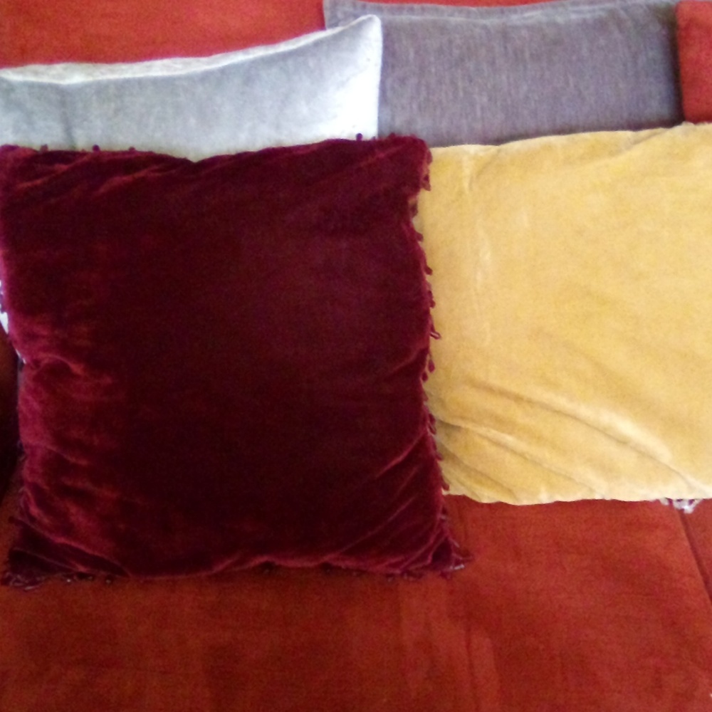 2 BEADED VELOUR ACCENT PILLOWS I GOLD CLEAR BEADS 1 BURGUNDY PURPLE BEADS
